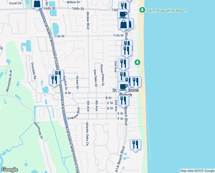 map of restaurants, bars, coffee shops, grocery stores, and more near 216 1st Street in St. Augustine