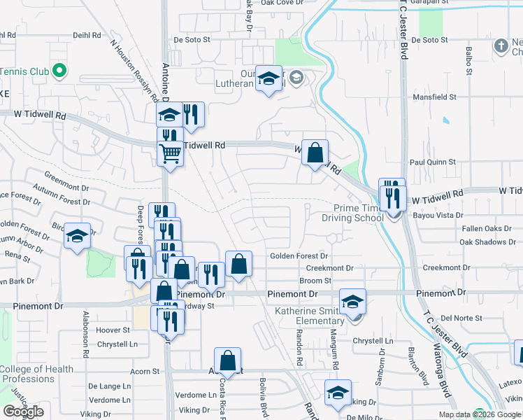 map of restaurants, bars, coffee shops, grocery stores, and more near 5043 Spring Forest Drive in Houston