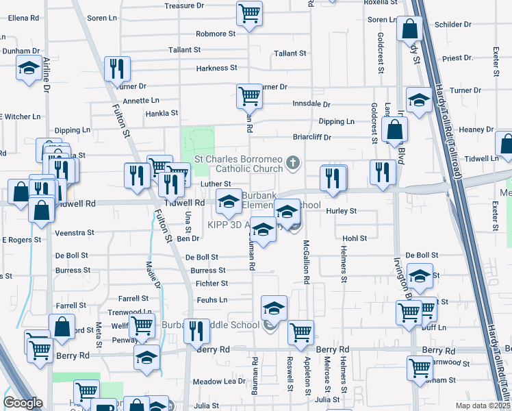 map of restaurants, bars, coffee shops, grocery stores, and more near 300 Tidwell Road in Houston