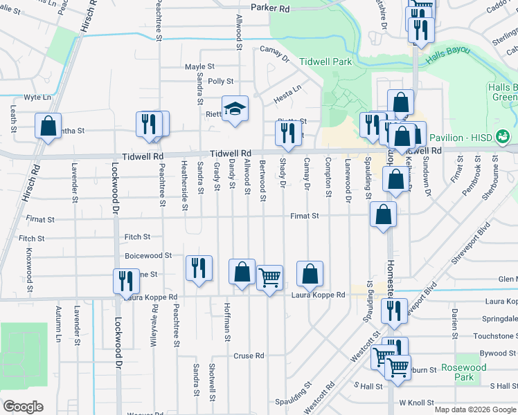 map of restaurants, bars, coffee shops, grocery stores, and more near 9211 Bertwood Street in Houston