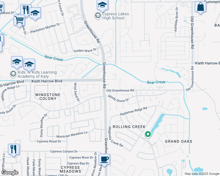 map of restaurants, bars, coffee shops, grocery stores, and more near 4871 Greenhouse Road in Houston