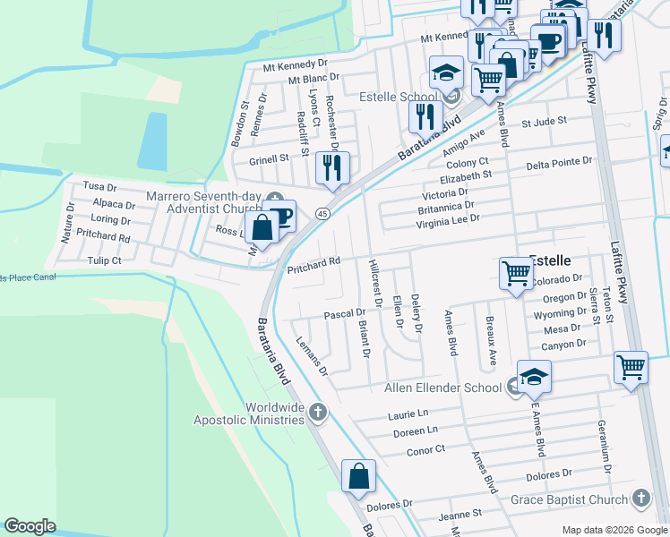 map of restaurants, bars, coffee shops, grocery stores, and more near 3904 Lolan Court in Marrero