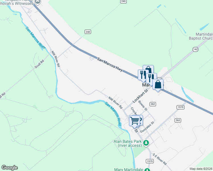 map of restaurants, bars, coffee shops, grocery stores, and more near 105 Plains Street in Martindale
