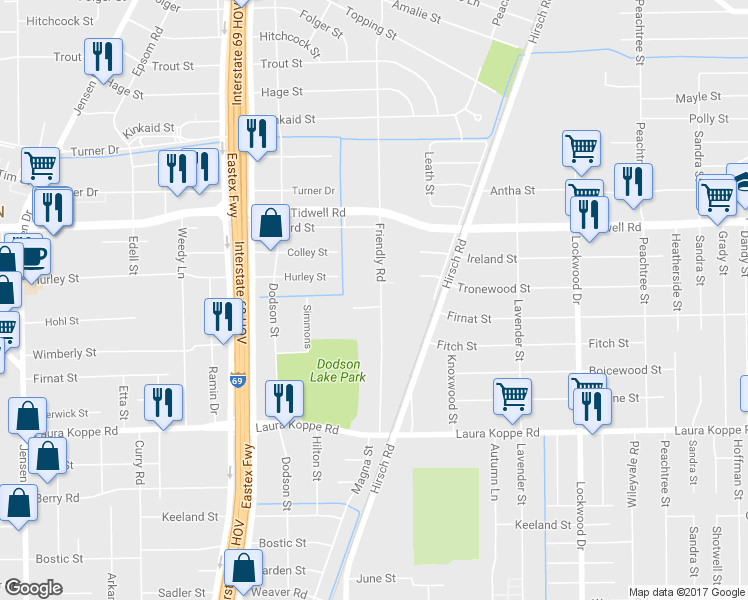 map of restaurants, bars, coffee shops, grocery stores, and more near 9161 Friendly Road in Houston