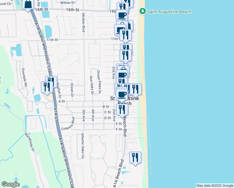 map of restaurants, bars, coffee shops, grocery stores, and more near 112 1st Street in St. Augustine