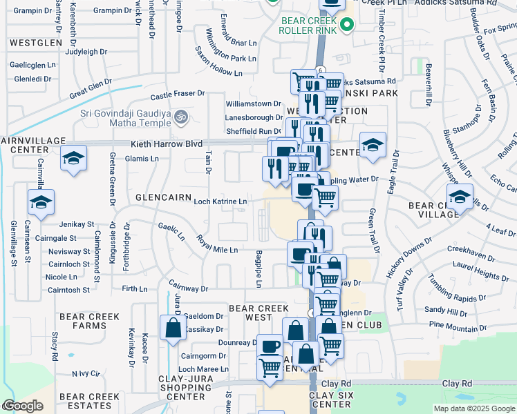 map of restaurants, bars, coffee shops, grocery stores, and more near 16383-16507 Loch Katrine Ln in Houston
