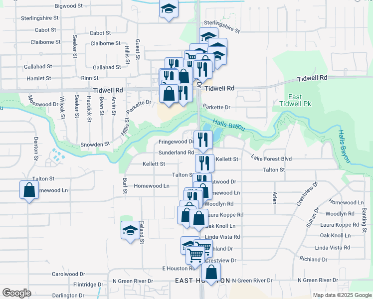 map of restaurants, bars, coffee shops, grocery stores, and more near 8709 Sunderland Road in Houston