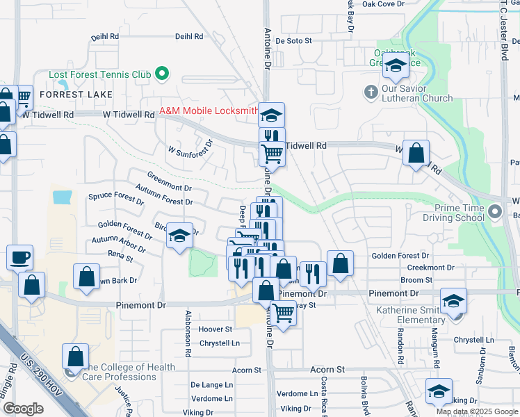 map of restaurants, bars, coffee shops, grocery stores, and more near 8 Antoine Drive in Houston