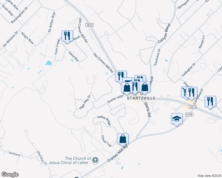 map of restaurants, bars, coffee shops, grocery stores, and more near 877 Scenic Hills Drive in Canyon Lake