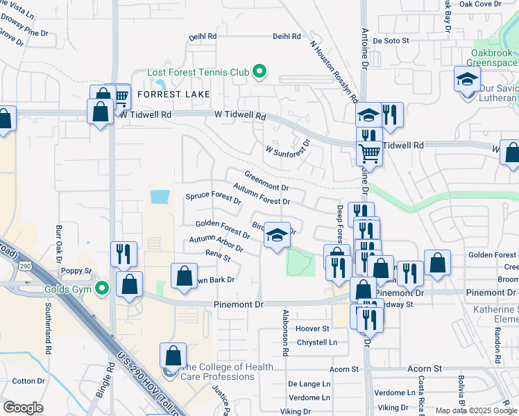 map of restaurants, bars, coffee shops, grocery stores, and more near 6022 Spruce Forest Drive in Houston
