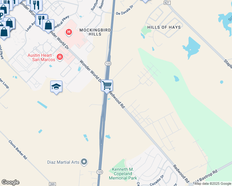 map of restaurants, bars, coffee shops, grocery stores, and more near 1605 Redwood Road in San Marcos