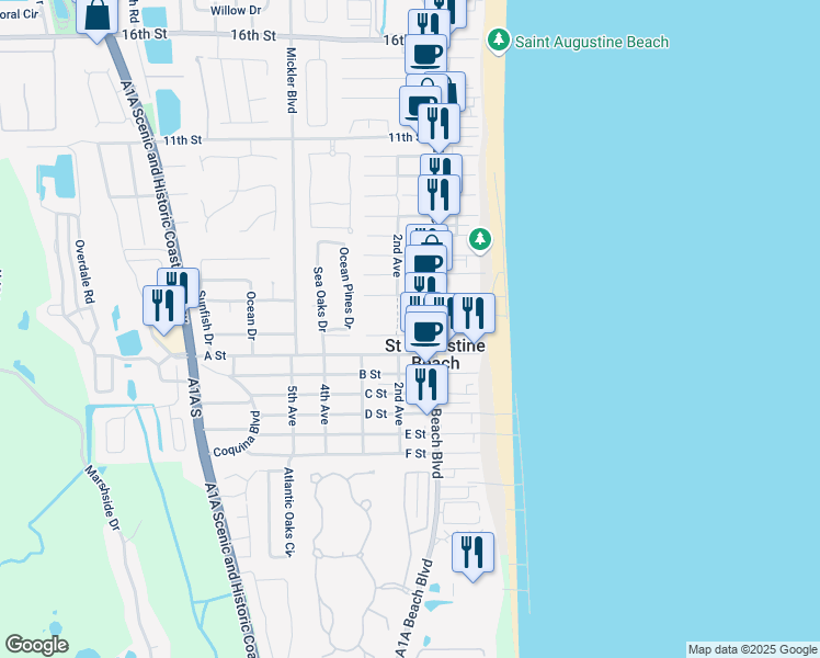 map of restaurants, bars, coffee shops, grocery stores, and more near 112 1st Street in St. Augustine