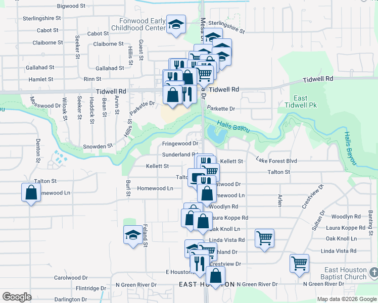 map of restaurants, bars, coffee shops, grocery stores, and more near 8709 Sunderland Road in Houston