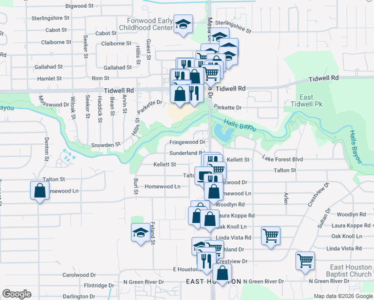 map of restaurants, bars, coffee shops, grocery stores, and more near 8623 Sunderland Road in Houston