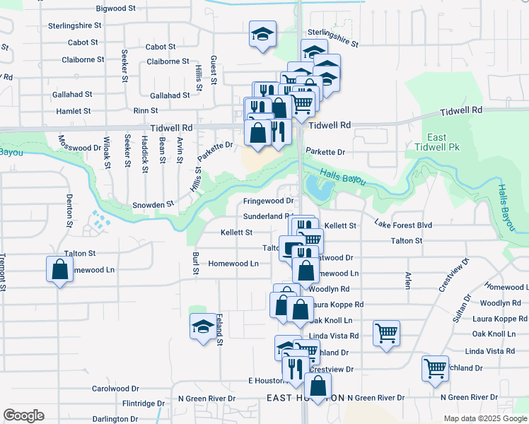 map of restaurants, bars, coffee shops, grocery stores, and more near 8623 Sunderland Road in Houston
