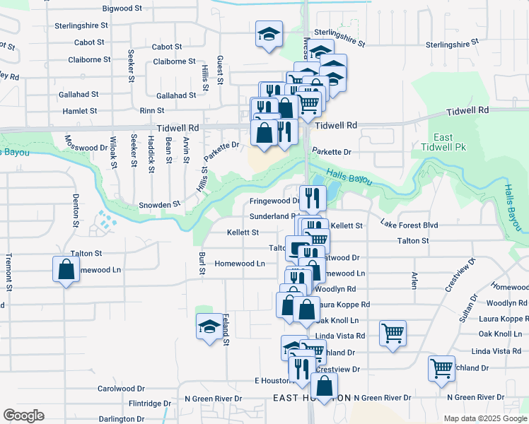 map of restaurants, bars, coffee shops, grocery stores, and more near 8623 Sunderland Road in Houston