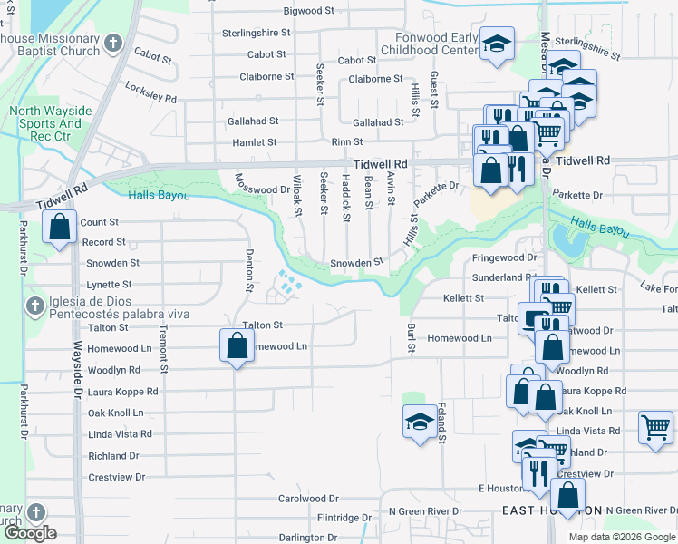 map of restaurants, bars, coffee shops, grocery stores, and more near 8406 Snowden Street in Houston