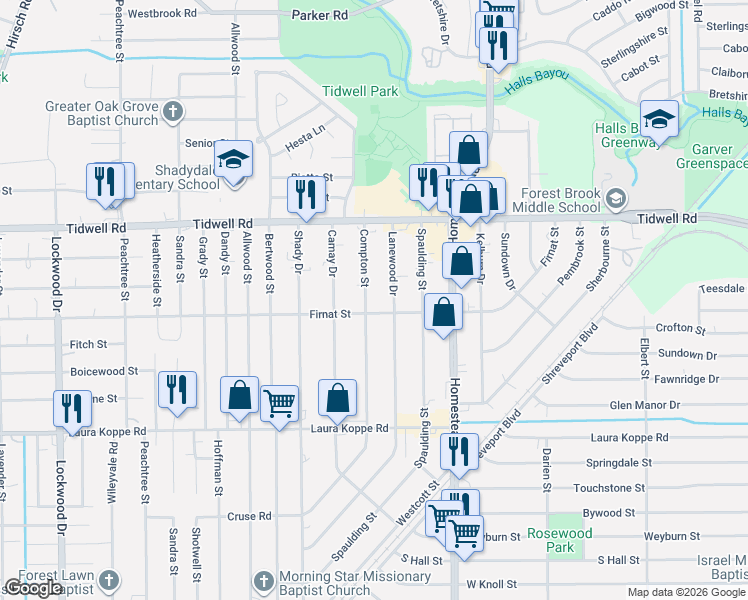 map of restaurants, bars, coffee shops, grocery stores, and more near 9210 Compton Street in Houston