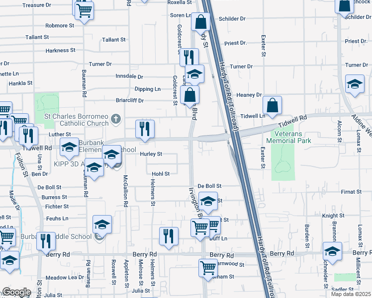 map of restaurants, bars, coffee shops, grocery stores, and more near 9333 Irvington Boulevard in Houston