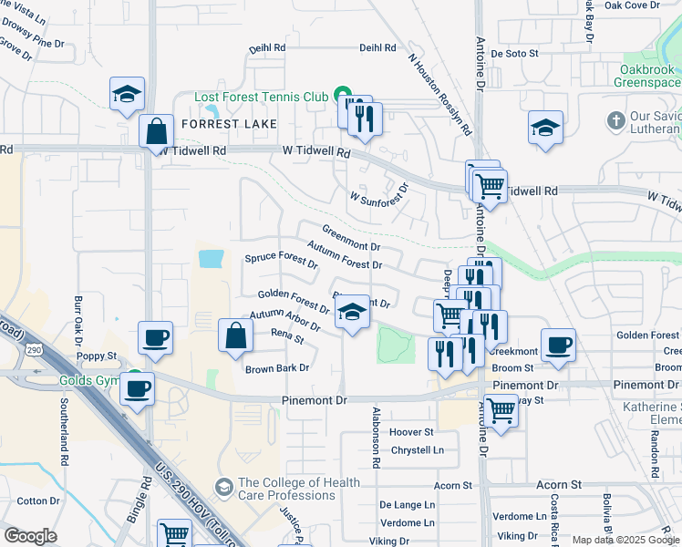 map of restaurants, bars, coffee shops, grocery stores, and more near 6022 Spruce Forest Drive in Houston