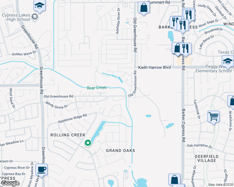 map of restaurants, bars, coffee shops, grocery stores, and more near 18503 Windy Stone Drive in Houston
