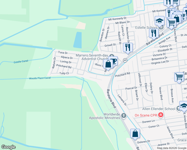 map of restaurants, bars, coffee shops, grocery stores, and more near 5140 Pritchard Road in Marrero
