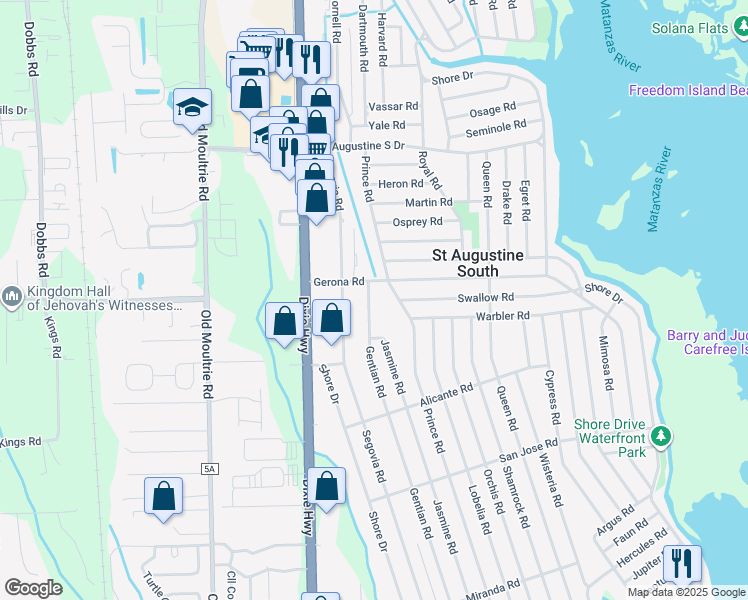 map of restaurants, bars, coffee shops, grocery stores, and more near 111 Gentian Road in St. Augustine