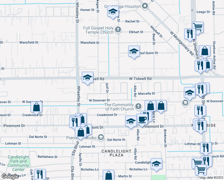 map of restaurants, bars, coffee shops, grocery stores, and more near 5407 Candlecrest Drive in Houston