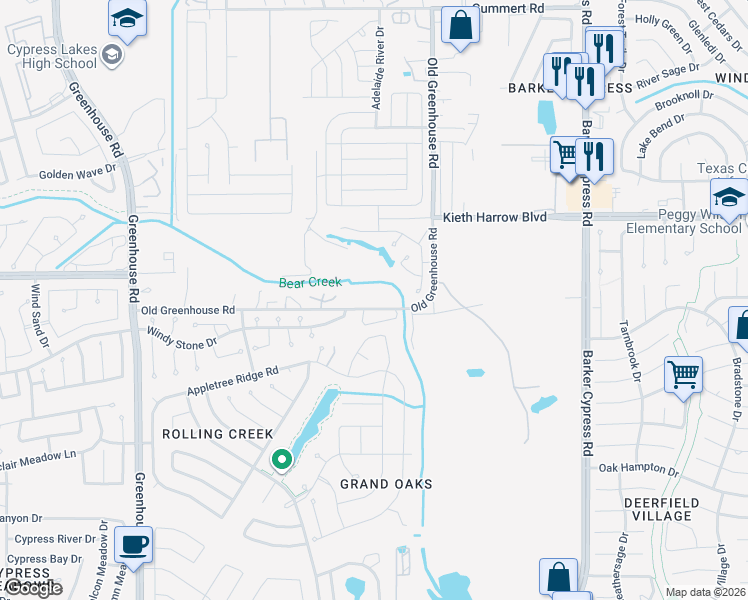 map of restaurants, bars, coffee shops, grocery stores, and more near 18503 Windy Stone Drive in Houston