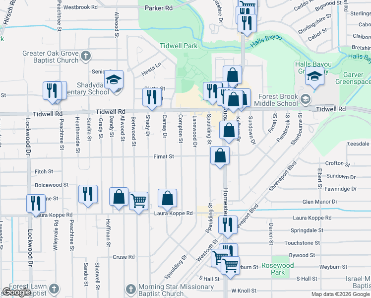 map of restaurants, bars, coffee shops, grocery stores, and more near 9210 Compton Street in Houston
