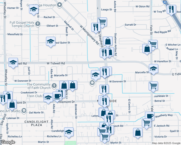 map of restaurants, bars, coffee shops, grocery stores, and more near 748 Marcella Street in Houston