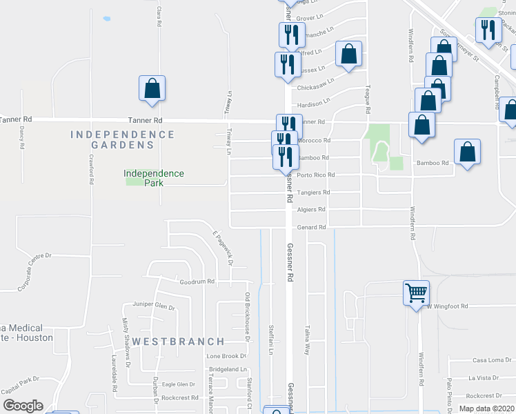 map of restaurants, bars, coffee shops, grocery stores, and more near 10242 Algiers Road in Houston