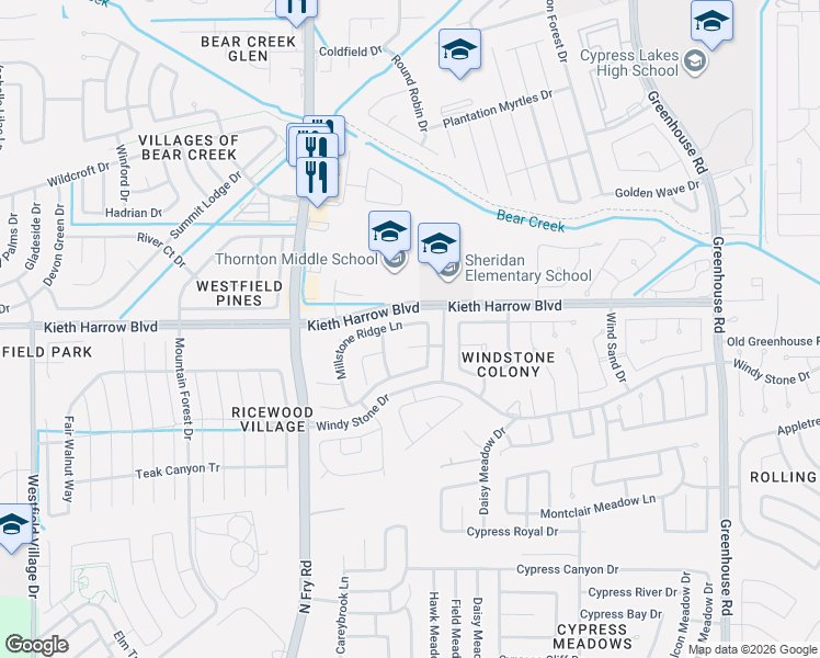 map of restaurants, bars, coffee shops, grocery stores, and more near 19721 Millstone Ridge Lane in Katy