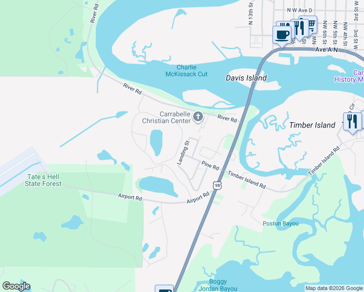 map of restaurants, bars, coffee shops, grocery stores, and more near 1726 Landing Street in Carrabelle