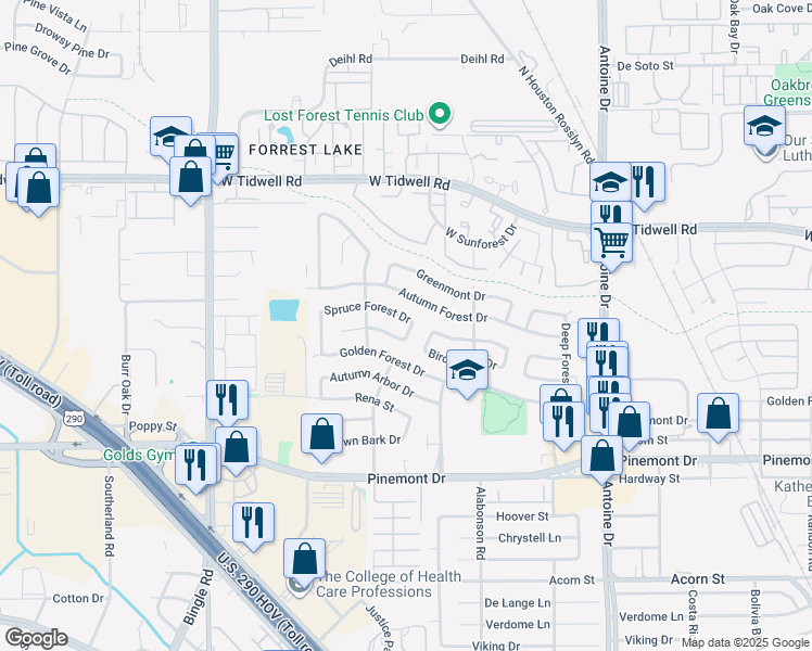 map of restaurants, bars, coffee shops, grocery stores, and more near 6107 Spruce Forest Dr in Houston