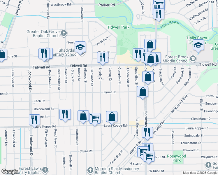 map of restaurants, bars, coffee shops, grocery stores, and more near 9218 Camay Drive in Houston