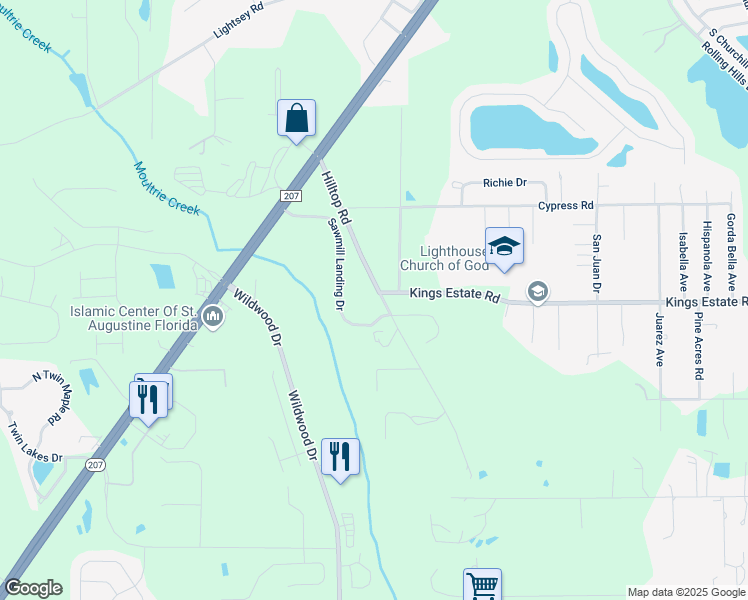 map of restaurants, bars, coffee shops, grocery stores, and more near 2705 Hilltop Road in St. Augustine