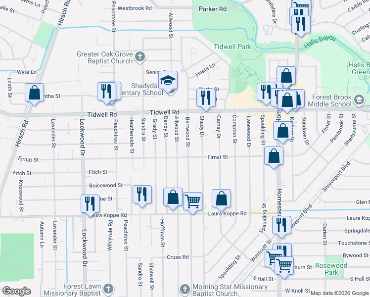 map of restaurants, bars, coffee shops, grocery stores, and more near 9211 Bertwood Street in Houston