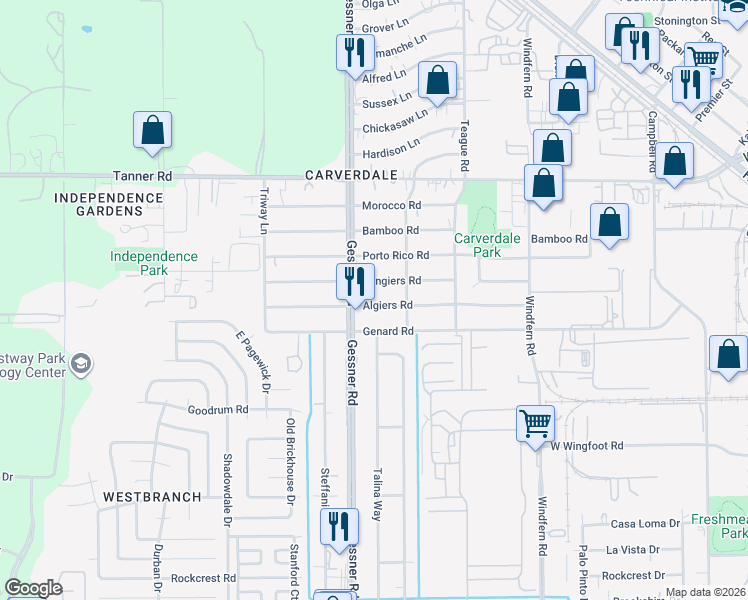 map of restaurants, bars, coffee shops, grocery stores, and more near 10134 Algiers Road in Houston