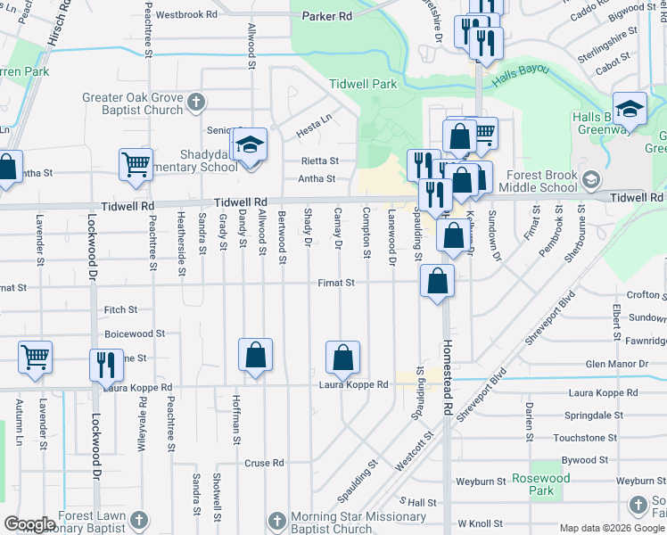 map of restaurants, bars, coffee shops, grocery stores, and more near 9218 Camay Drive in Houston