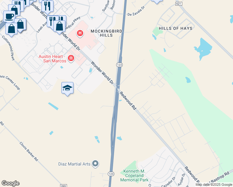 map of restaurants, bars, coffee shops, grocery stores, and more near 2101 Guadalupe Street in San Marcos