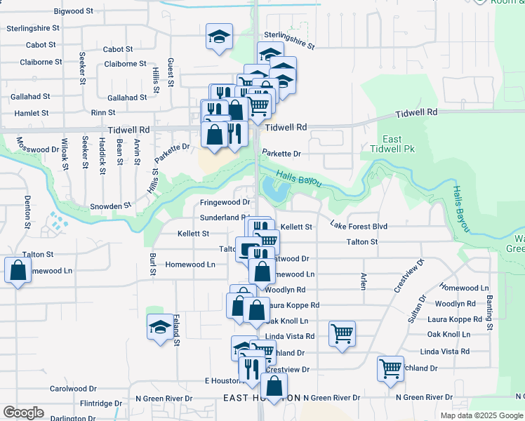 map of restaurants, bars, coffee shops, grocery stores, and more near 9228 Mesa Drive in Houston