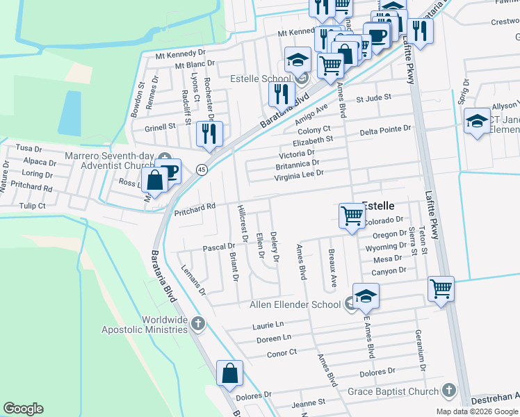 map of restaurants, bars, coffee shops, grocery stores, and more near 2812 Kirk Drive in Marrero