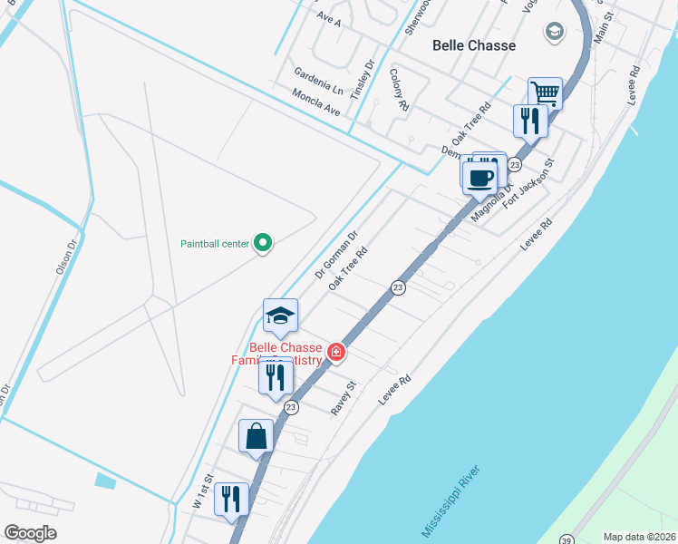 map of restaurants, bars, coffee shops, grocery stores, and more near 620 Oak Tree Road in Belle Chasse