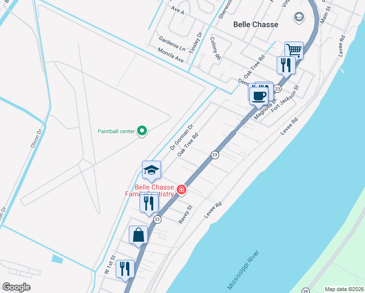 map of restaurants, bars, coffee shops, grocery stores, and more near 620 Oak Tree Road in Belle Chasse