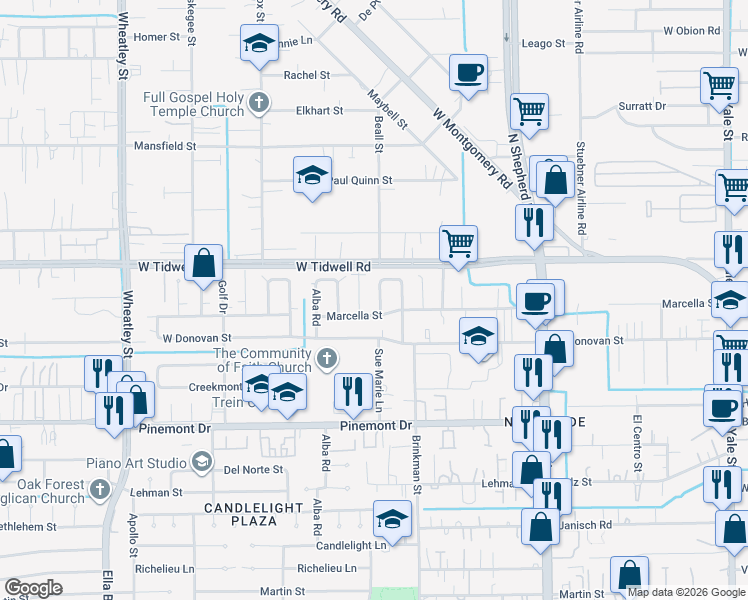 map of restaurants, bars, coffee shops, grocery stores, and more near 5411 Sue Marie Lane in Houston