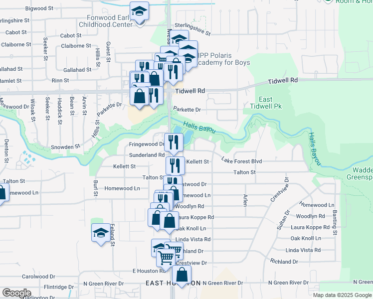 map of restaurants, bars, coffee shops, grocery stores, and more near 8877 Lake Forest Boulevard in Houston