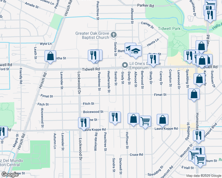 map of restaurants, bars, coffee shops, grocery stores, and more near 9218 Heatherside Street in Houston