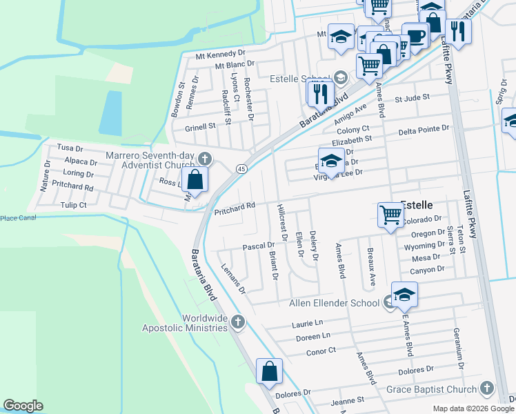 map of restaurants, bars, coffee shops, grocery stores, and more near 3904 Lolan Court in Marrero