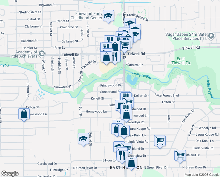 map of restaurants, bars, coffee shops, grocery stores, and more near 8623 Sunderland Road in Houston
